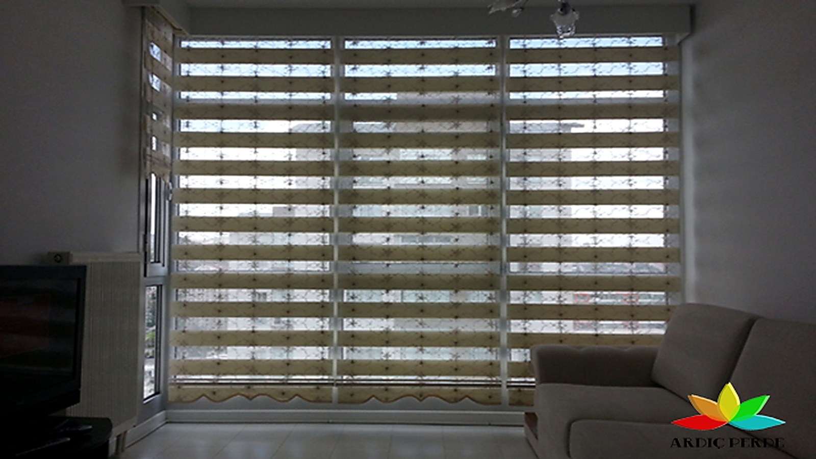 Ümitköy & Çayyolu Residential Project (Çankaya / Ankara) — Living Room Corded Embossed Embroidered Zebra Shade with Crystal-Beaded Scalloped Valance