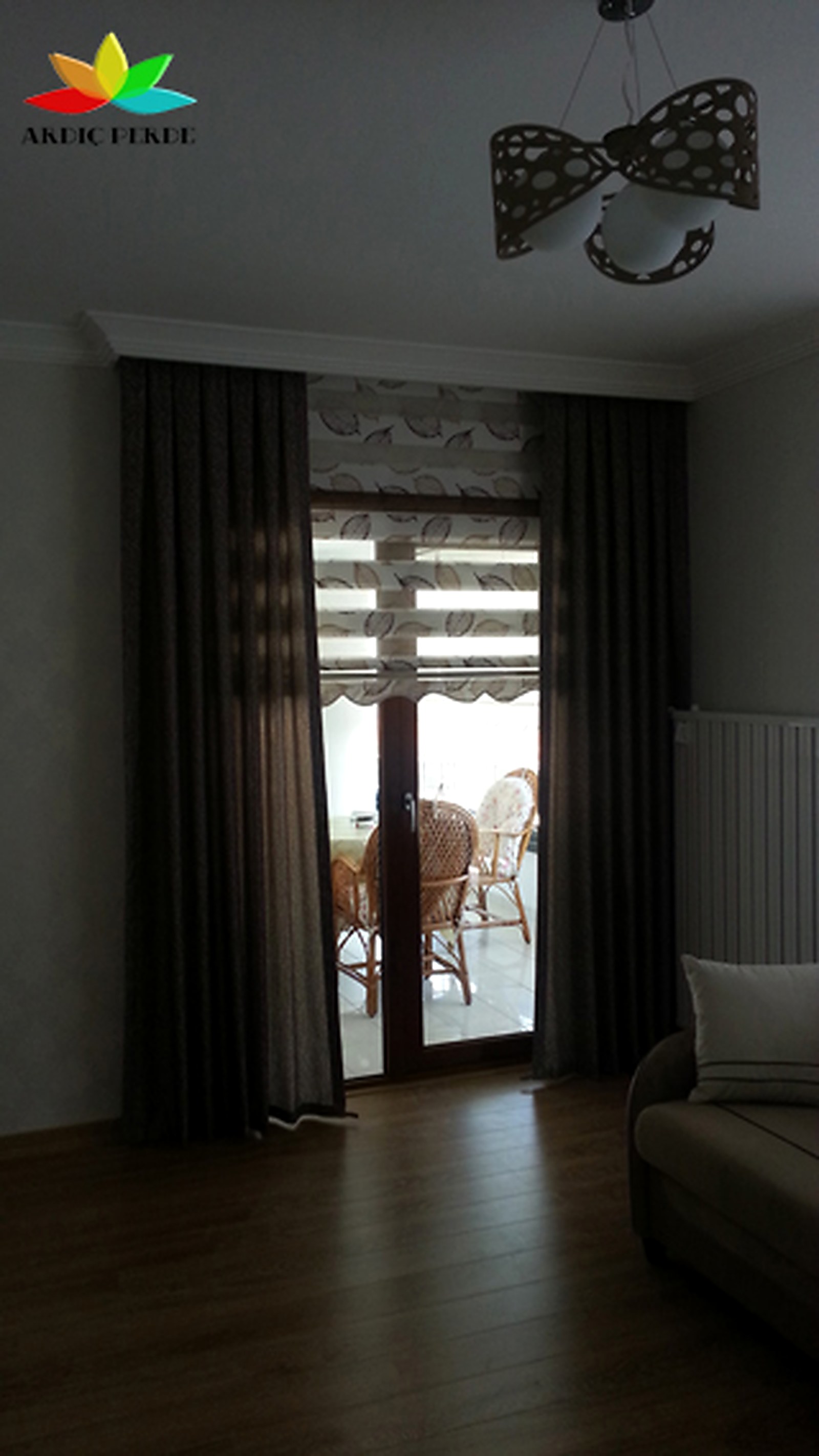 Ümitköy Arinna Park Residences (Çankaya / Ankara) — Master Bedroom Olive-Leaf Patterned Dual Zebra Blind Combined with Modern Ungathered Side Drapery Panels