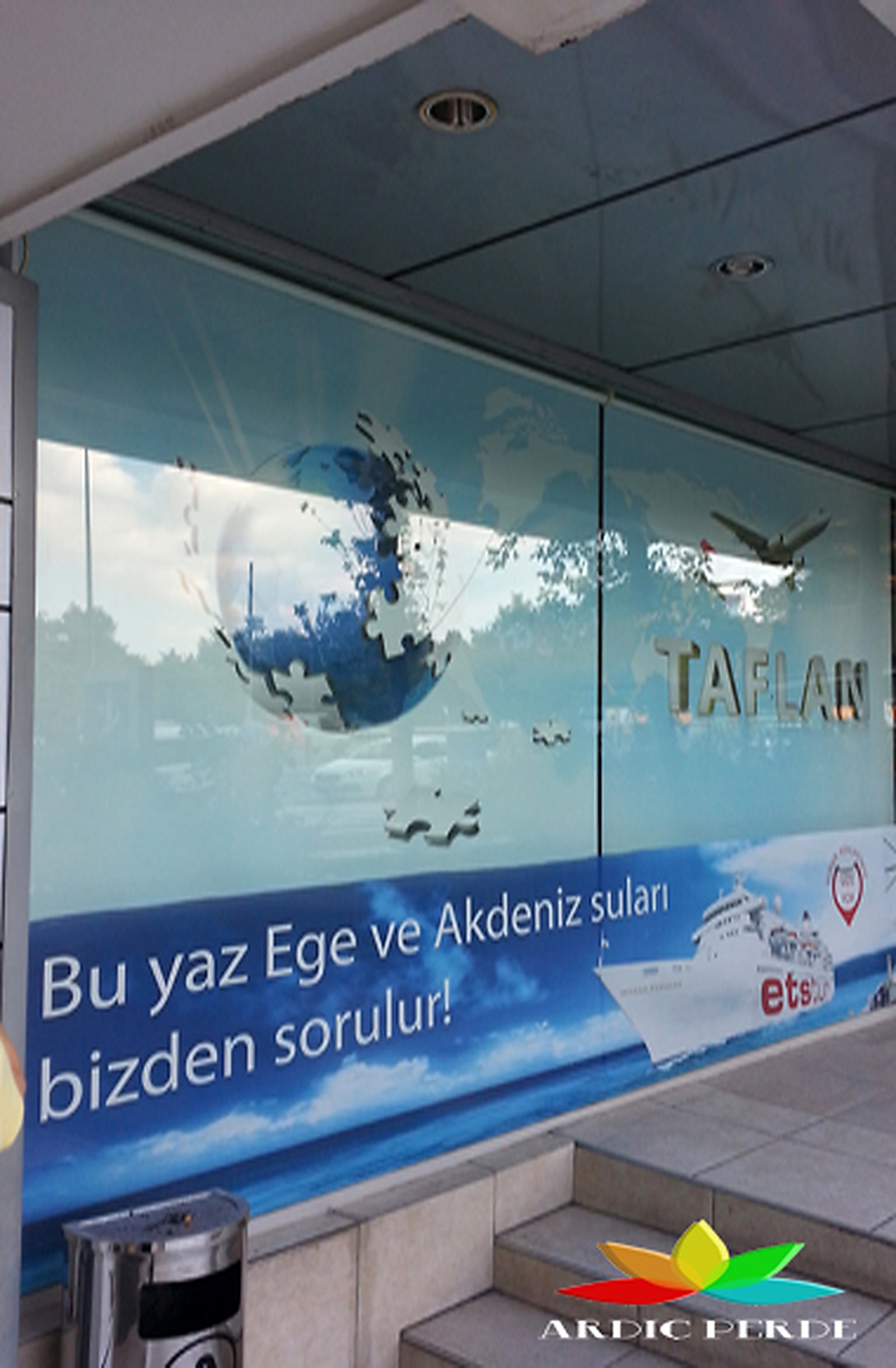 Ankara Taflan Tourism (Authorized ETS Tour Agency) — Corporate Logo UV Digital-Printed 3% Openness Solar Screen Roller Blind (Left Storefront Facade)