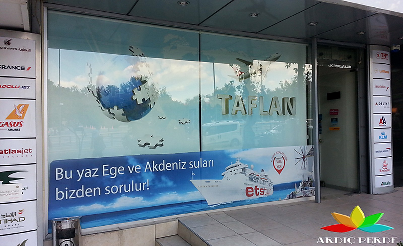 Ankara Taflan Tourism (Authorized ETS Tour Agency) — View-Preserving 3% Solar Screen Weave with Custom Brand Emblem Print (Right Facade)
