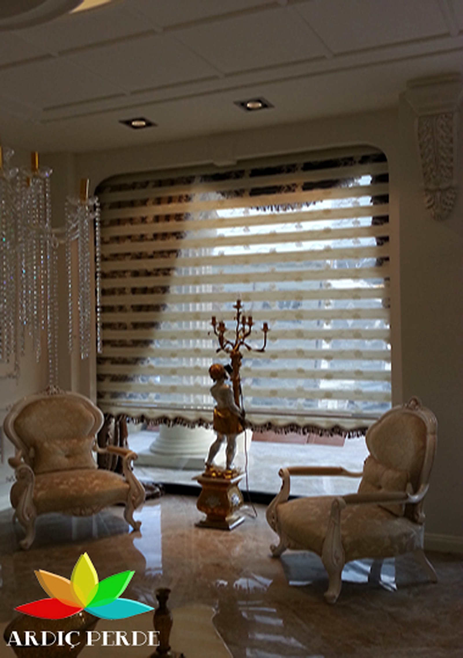 Görkem Furniture Showroom (Siteler / Ankara) — Somfy RTS Remote-Controlled Motorized Zebra Shades & Bespoke Classical Drapery (Showcase 4)
