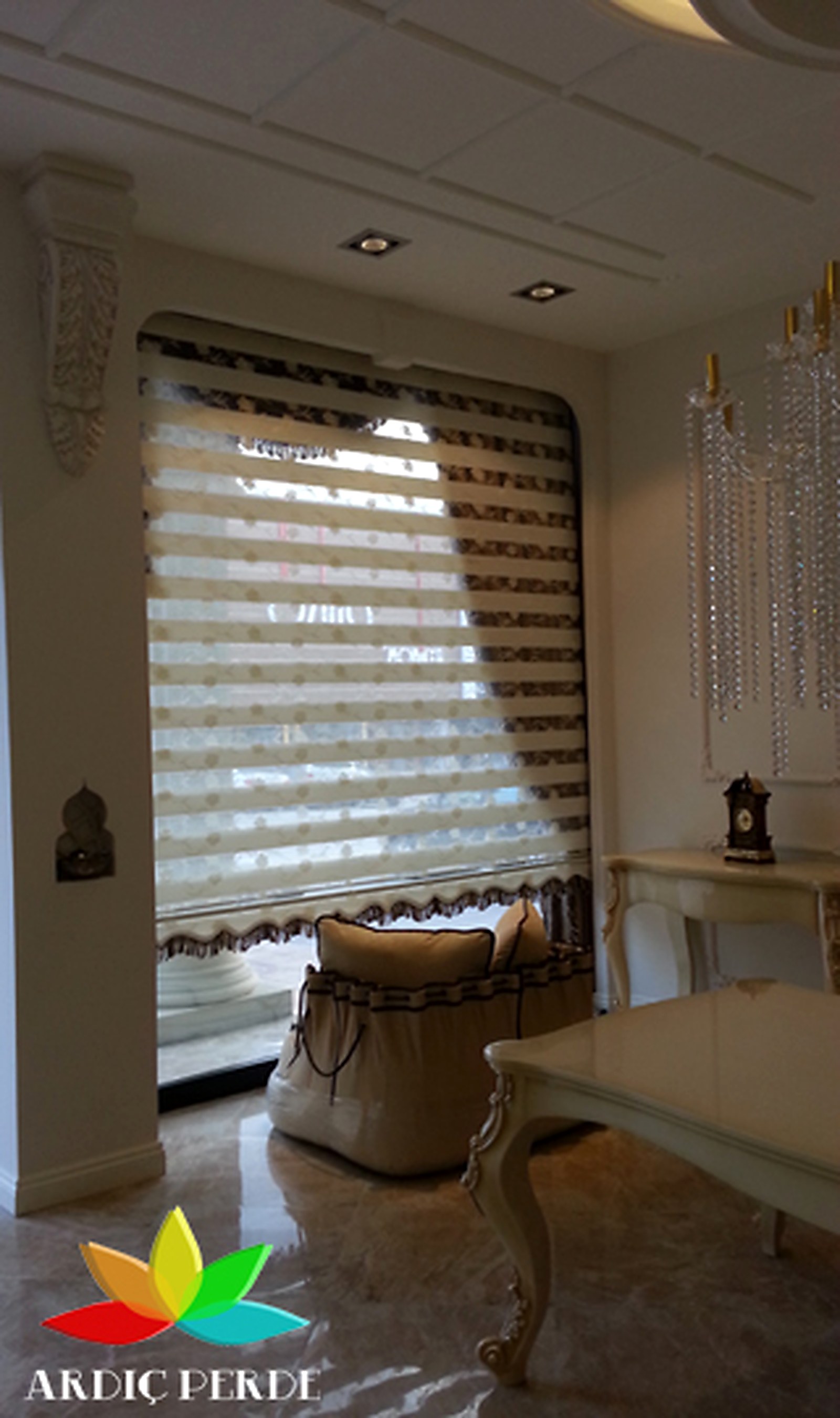 Görkem Furniture Showroom (Siteler / Ankara) — Somfy RTS Remote-Controlled Motorized Zebra Shades & Bespoke Classical Drapery (Showcase 5)