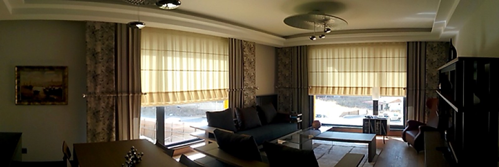 Çankaya & Oran Panoramic Residence Living Room (Ankara) — Rear-Rodded Silk-Linen Roman Sheer Shades, Jacquard Drapery Panels & Metal Holdbacks